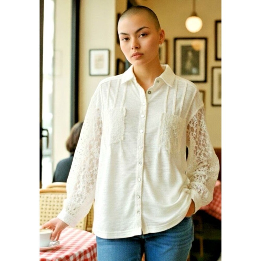 POL Anthropologie NWOT womens blouse boho button lace oversized sz L cottagecore